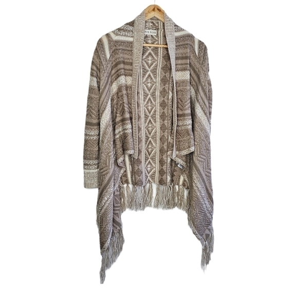 Fringe knit wrap open cardigan tan and cream raglan sleeve size xs - Picture 1 of 11